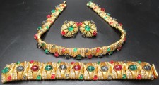 Mogul Red Blue Green Lucite Cabochon Rhinestone Necklace Bracelet Earring Set