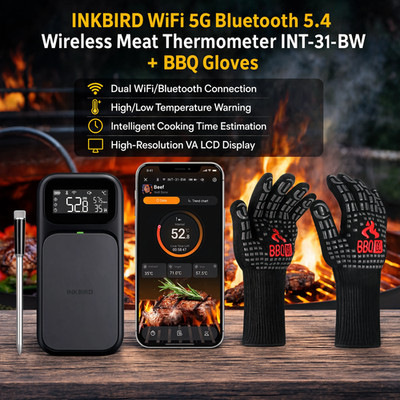 INKBIRD WLAN Bluetooth Kabelloses Fleischthermometer INT-31-BW + Grillhandschuhe