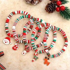 5Pcs Christmas Polymer Clay Beaded Bracelet Set, Featuring Stackable Bracelets