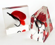 CLEAR LUCITE ACRYLIC ANGULAR WEDGE MODERNIST MCM BOOKENDS DEEP SEA FISHING LURES