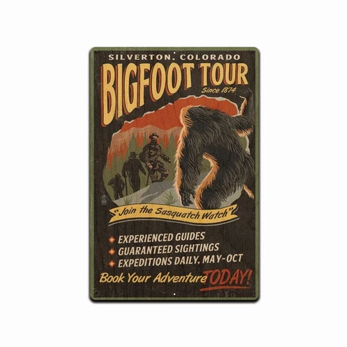 Bigfoot Tours, Vintage Sign RUSTIC RETRO TIN METAL ALUMINUM  SIGN 8 X 12 IN