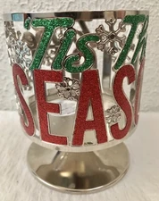 B&BW Pedestal Candle Holder ‘Tis The Season’ 3 Wick Jolly Red Green Christmas ￼