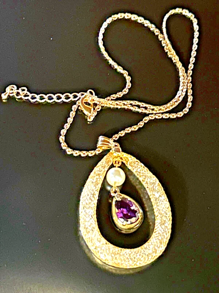 Collar Colgante Lágrima Oro 18K o/Bronce Cristal Binche Encaje 17-19" Estate Foto 2 de 4