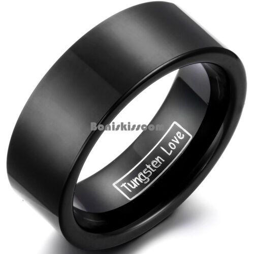 8mm Black Comfort Fit Tungsten Carbide Men's Ladies Ring Flat Wedding Band - Afbeelding 1 van 4