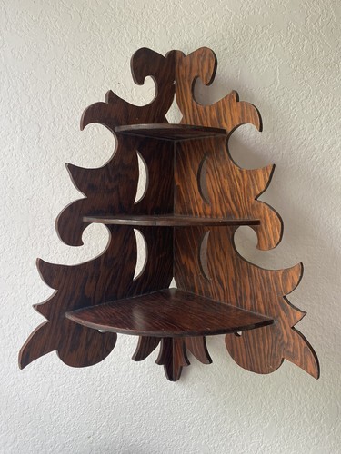 Antique Tiger Oak Corner Wall Shelf, Wooden, Hand Crafted, 20” Tall - Picture 5 of 23