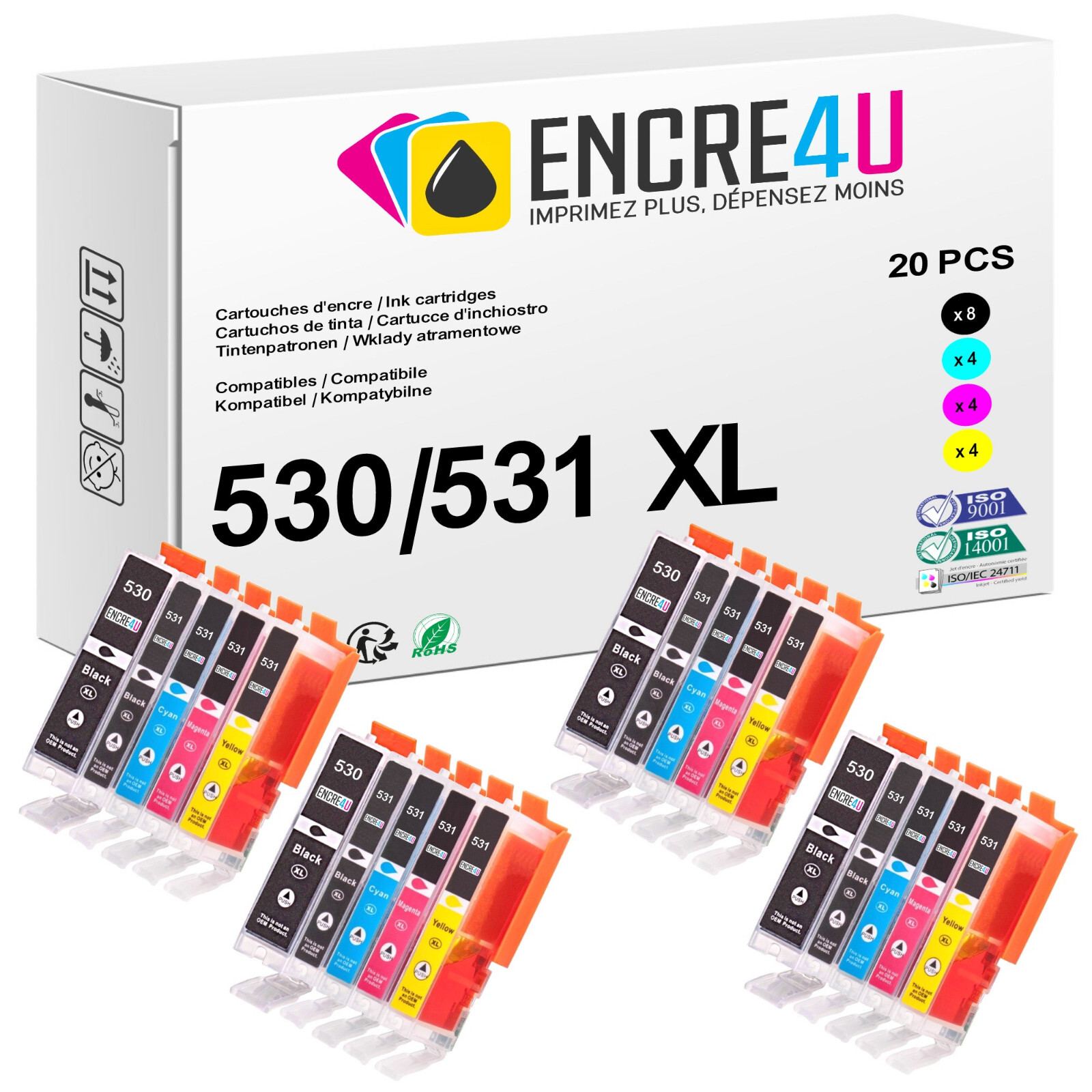 Cartouches d'encre PGI-530 CLI-531 XL compatibles avec Canon Pixma TS - Lot de 20 haute capacité