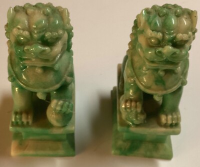 Vintage Green Faux Stone Resin Foo Dog Statue Set USED 4 3/4  Tall 3  long 2  Wi