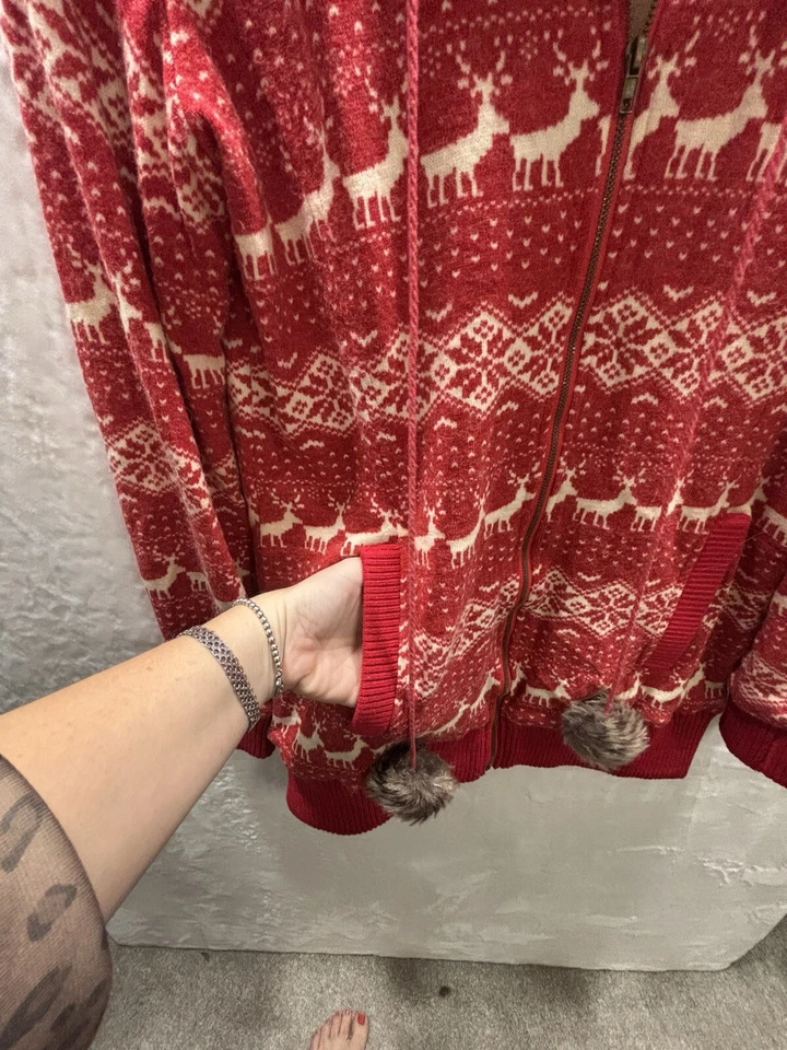 VTG Women LG Long Christmas Sweater Full Zip Reindeer Fur Collar & Balls Tomato - Image 4 of 4