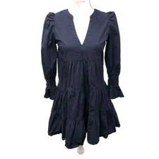 Pomander Place Tiered Mini Dress Womens XS Blue Peasant Sleeve Cottagecore 
