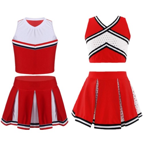 Niñas Cheer Leader Disfraz Uniforme de Animadora Vestido Top Corto Falda Plisada - Imagen 4 de 28