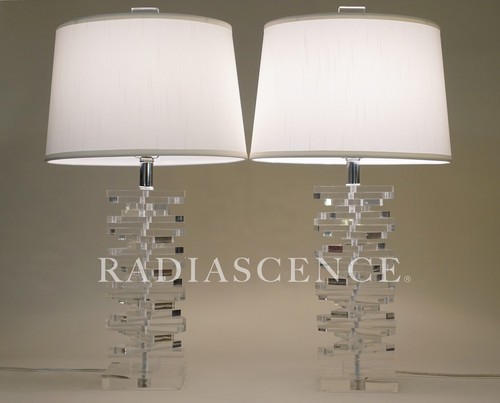 PAIR LUCITE KARL SPRINGER ACRYLIC HELIX STAIRCASE SCULPTURE TABLE LAMPS 70'S - Picture 2 of 11