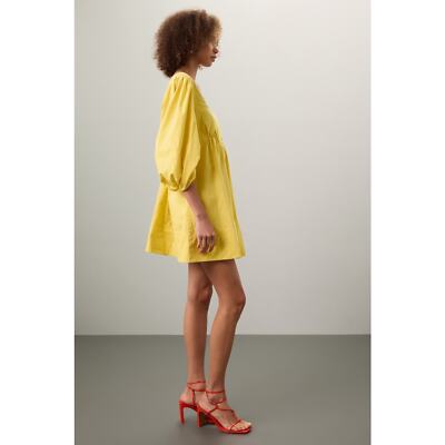 Staud Sophie Yellow Pull Sleeves Square Neck A-Line Babydoll Mini Dress  Size L | eBay