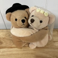 VINTAGE BRIDE GROOM TEDDY BEAR HUGGING STUFFED ANIMAL SET 5" PLUSH TOP HAT VEIL