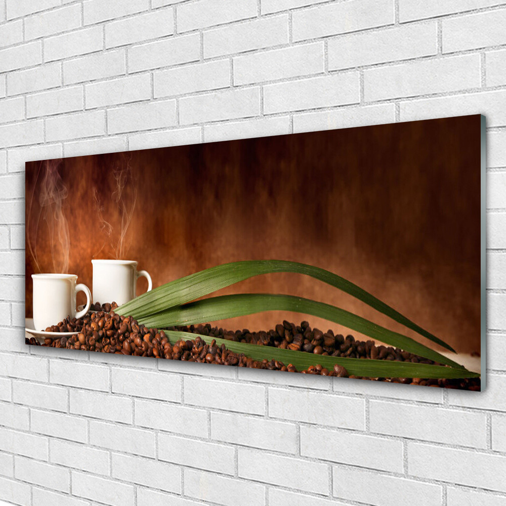 Crédence et tableau cuisine en verre 125x50 cm lavable motif tasses et grains de café noirs