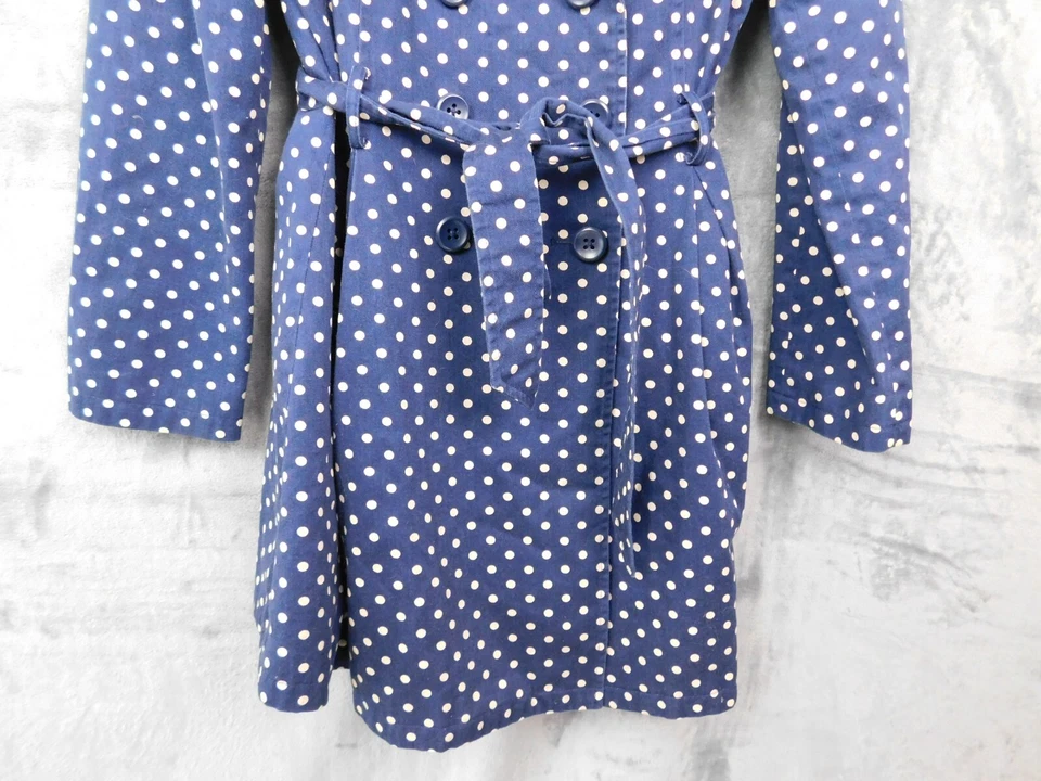 ModCloth Trench Coat Womens Large Navy Blue Polka Dot Captial Class Belted - Image 2 of 4