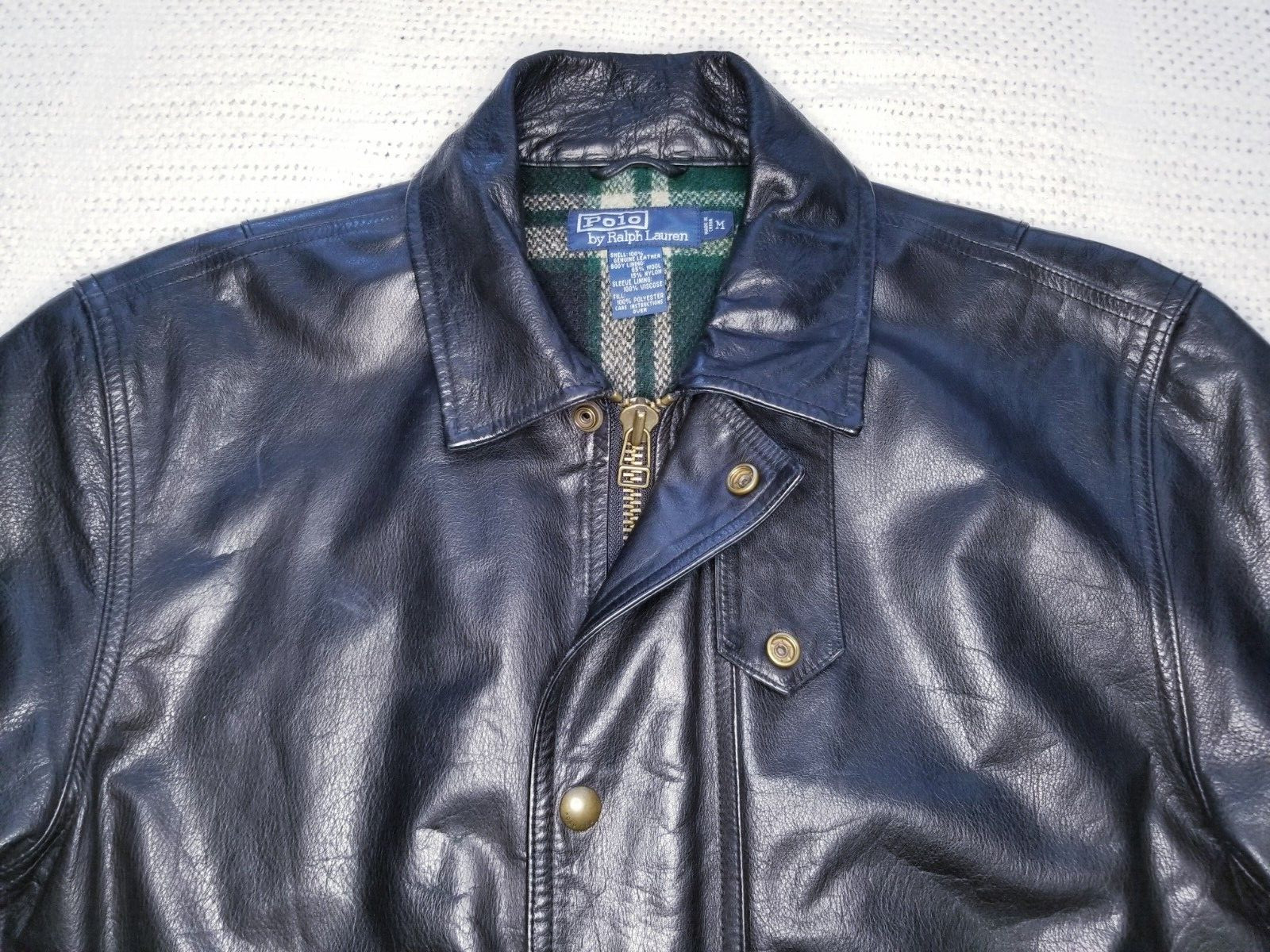 POLO RALPH LAUREN MEN MEDIUM LEATHER JACKET WOOL LINING 7 POCKETS BIKER VINTAGE image 9