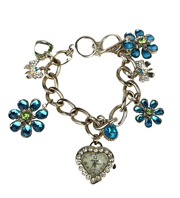 Cici & Faye Women's Silver Tone Heart Gem Bezel 7 Charms Toggle Band New Battery