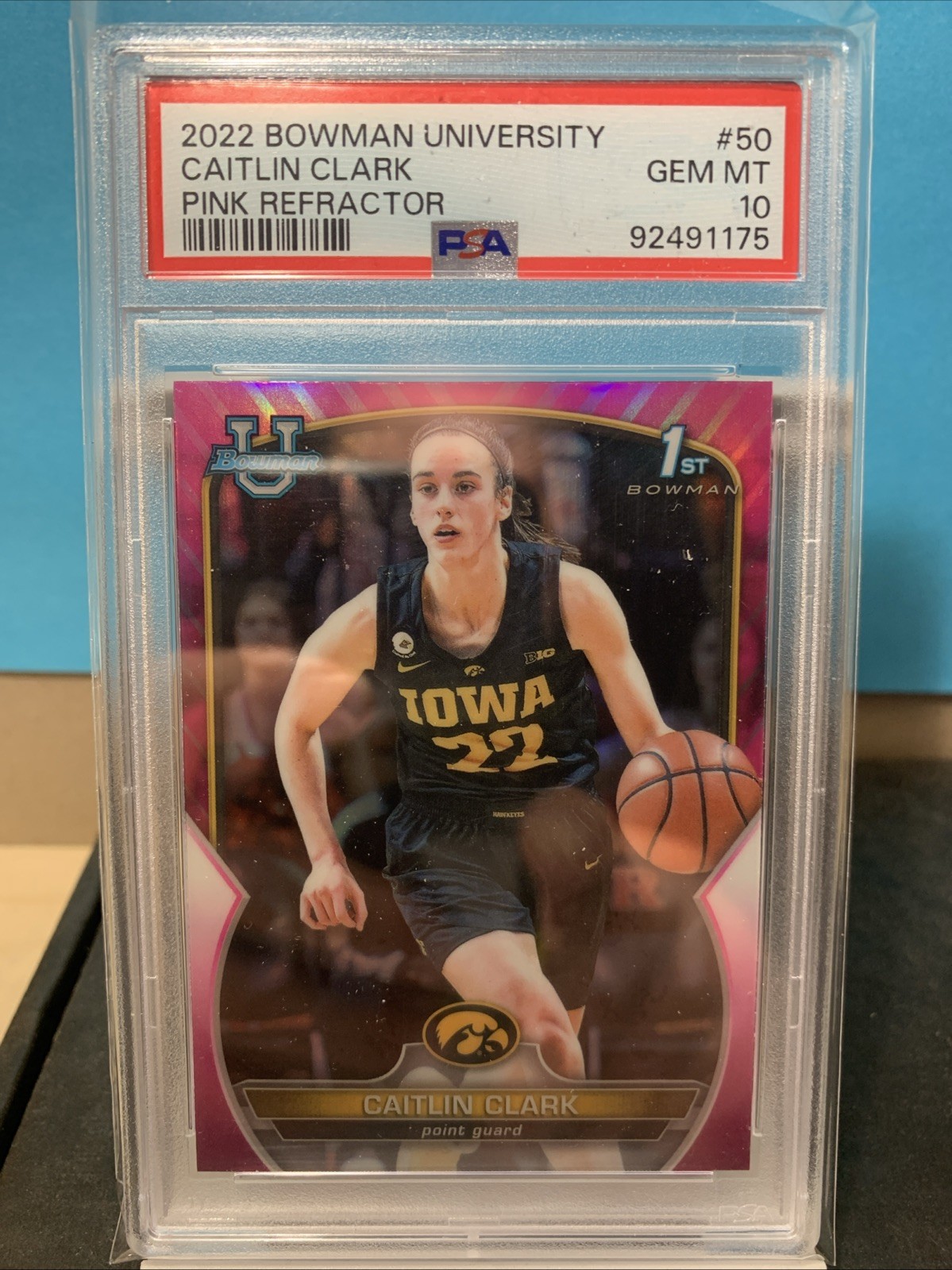 2022 BOWMAN UNIVERSITY - PINK REFRACTOR CAITLIN CLARK #50(RC) PSA 10 GEM MT