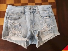 American Eagle AE Stretch Distressed Hi Rise Shortie Cut Off Denim Shorts Sz 2