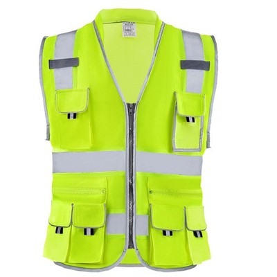360° Reflective Work Vest Yellow High-Viz with 10 Pockets Durable Fabric