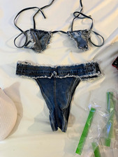 Women s Blue Denim Ruffle Halter Bralette & T...