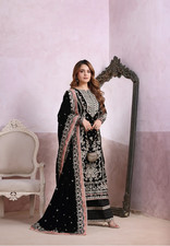 Pakistani Black Velvet 3-Piece Suit  Hand-Embroidered Shalwar Kameez Guest Wear