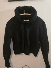 Zara Black Cropped Knit Hoodie Rhinestone Stripe Sleeves Hooded Sweater S