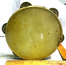 Tambor pandereta vintage coleccionable antiguo instrumento musical cuero piel 6,5