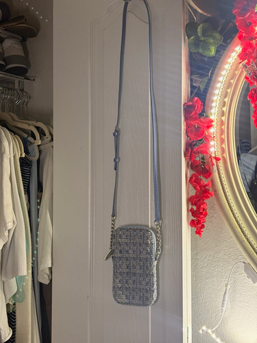 KARL LAGERFELD PARIS Plaid Blue/White Plaid Zip Crossbody Phone Bag Silver