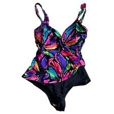 Vintage 1990s Catalina Black and Neon V-Neck One Piece Swimsuit size 14