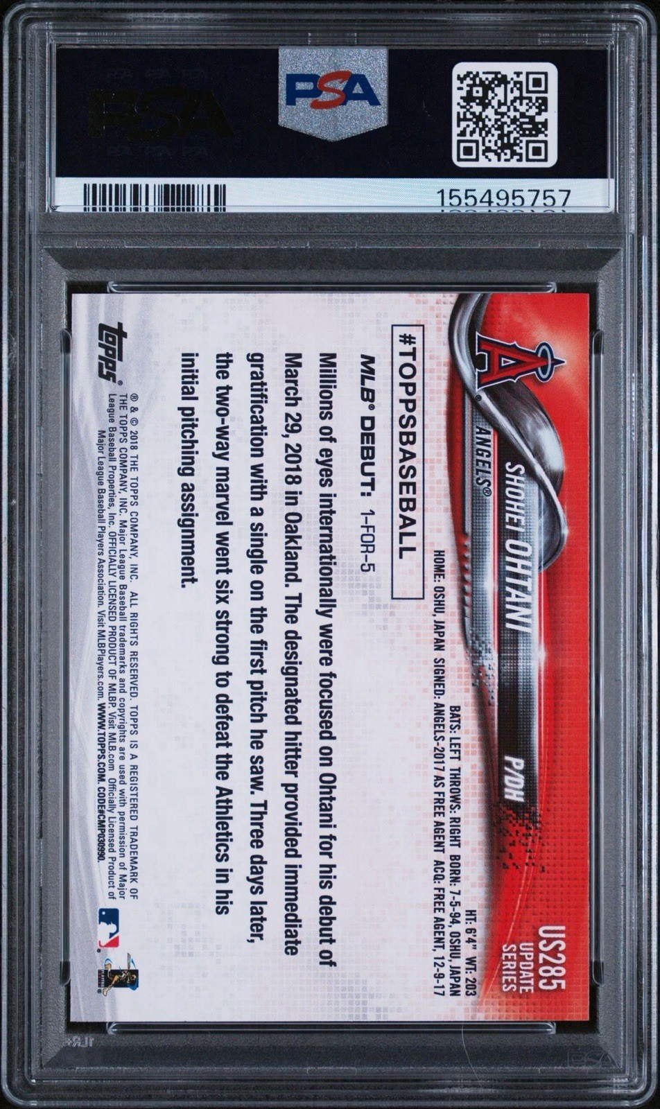 2018 Topps Shohei Ohtani Rookie #US285 PSA 10 view 2