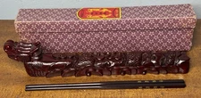 Chinese Carved Rosewood Dragon Box w/Two Chopsticks & Box