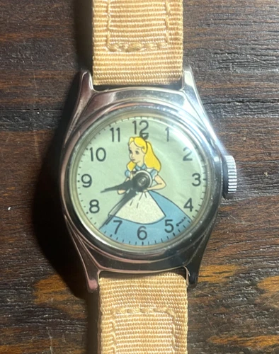 Vintage 1950s Disney Alice in Wonderland US Time Watch with Original Cloth Band