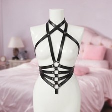 Black Criss Cross Halter Corset Harness Faux Leather Goth Egirl Rave Women Cage