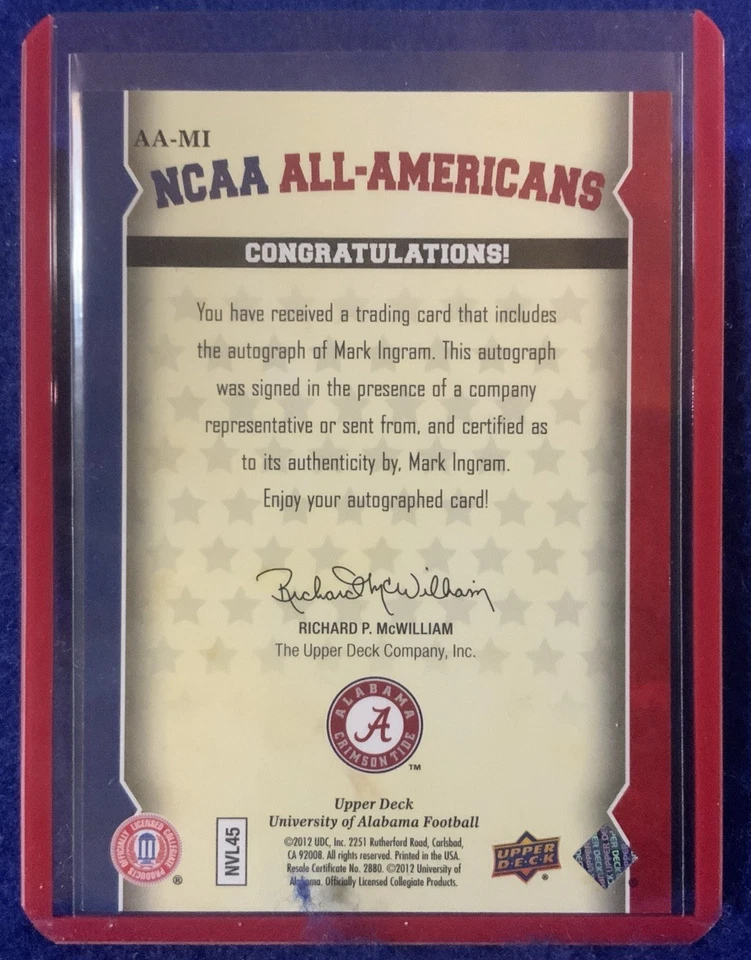 Tarjeta de fútbol americano rara autografiada por Mark Ingram 2012 Upper Deck Alabama 24/25 Foto 4 de 4