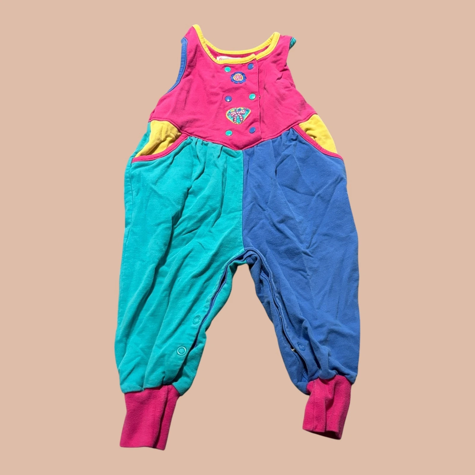 Gymboree Overalls Baby Girls XS Pink Blue Teal Colorblock Tapered Leg Snap Front