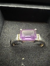 Vintage 1997 9ct White Gold Emerald Cut Amethyst & Diamond Ring Size Q 1/2