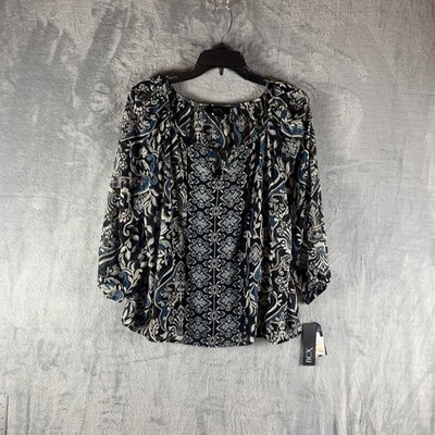 BCX Women's Top Medium Navy Black Mixed Print Long Sleeve Satin Blouse NWT