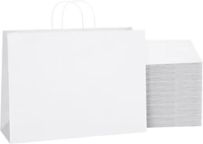 White Paper Bags with Handles 16x6x12, 25 Pack Large Kraft Paper Bags Bulk, Tote