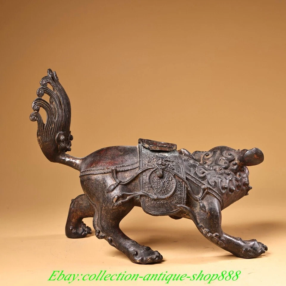 10"Old Chinese Bronze Gilt Foo Fu Dog Guardion Lion Incense Burner Censer Statue - Image 4 of 4