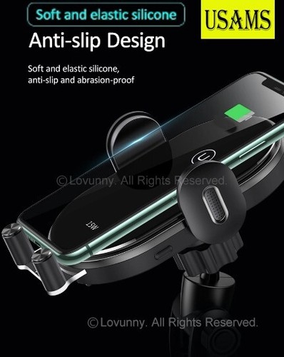 USAMS 15W Wireless Charging Car Charger Phone Holder Air Vent Dash Mount Cradle - Picture 11 of 25