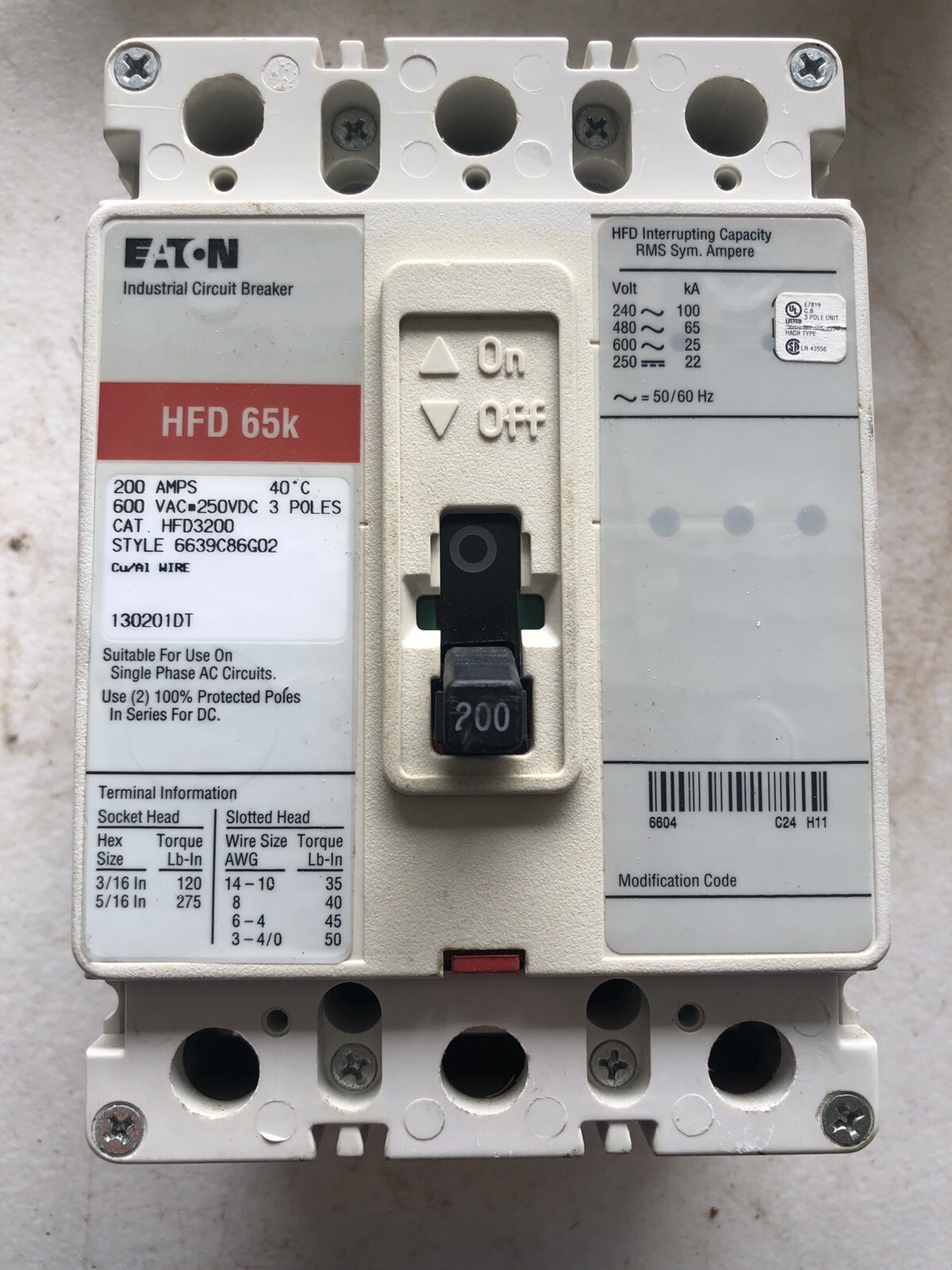 Eaton HFD3200 200 Amp 600V 3 Pole HFD 65k Circuit Breaker eBay