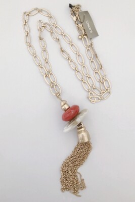 CHICO'S GOLD TONE BEIGE/RED RESIN TASSEL 33