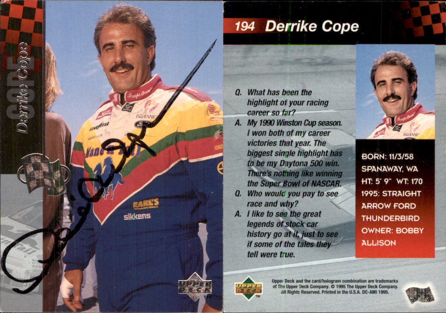 Derrike Cope Signed 1995 Upper Deck #194 NASCAR Bobby Allison Racing Auto AU