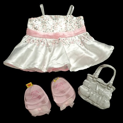 Build a Bear Dress White Pink Sequin Glitter Shoes Purse Wedding Birthday Party