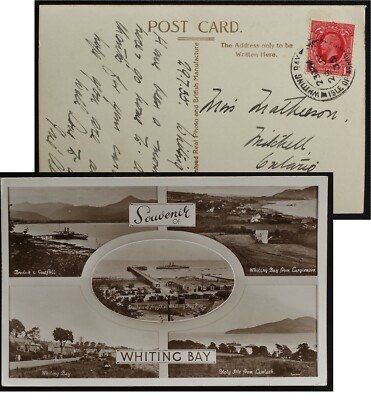 Whiting Bay Isle of Arran Scotland RPPC postmark 1935 to Canada topical message