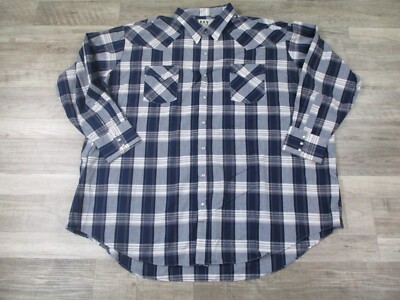 Ely Cattleman Shirt Mens Blue White Shadow Plaid Classic Pearl Snap Western