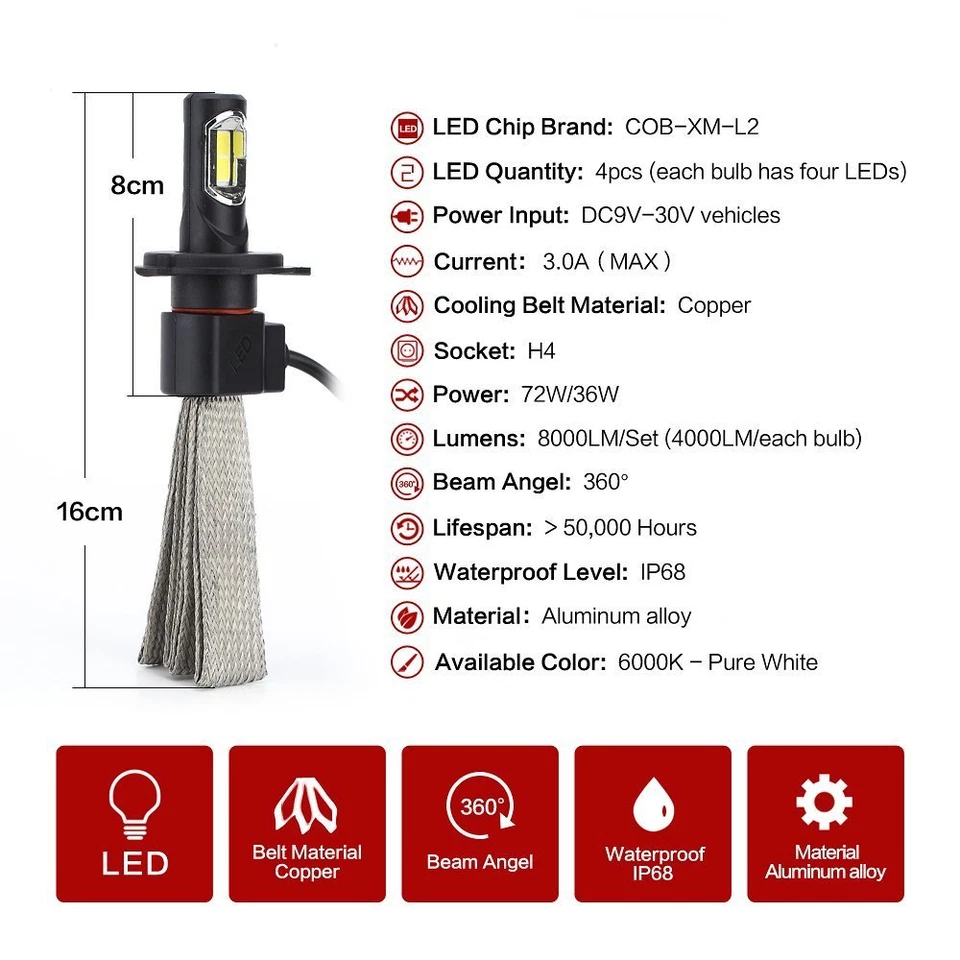 A1 2x H4 9003 Fanless LED High/Low Kit 6000K Crystal White Bulbs Cooper Belts - Image 2 of 4