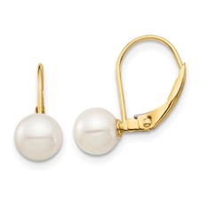 Real 14K Yellow Gold Madi K 6-7mm White Round Cultured Pearl Leverback Earrings