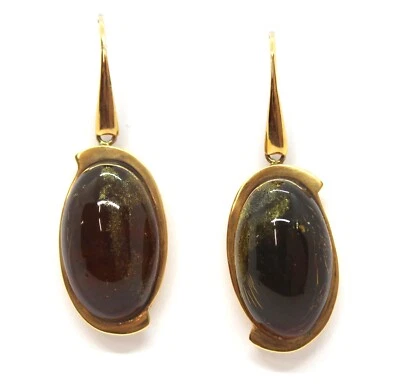 Grandes Pendientes Colgantes de Oro Rosa 18k Y Ámbar Natural Morena Cabujón - Imagen 1 de 2